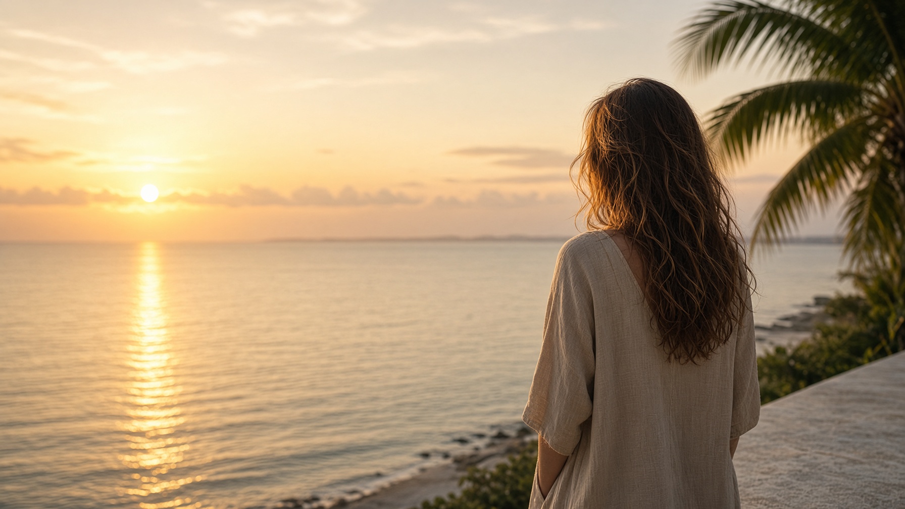 A woman facing a golden sunrise over calm Florida water